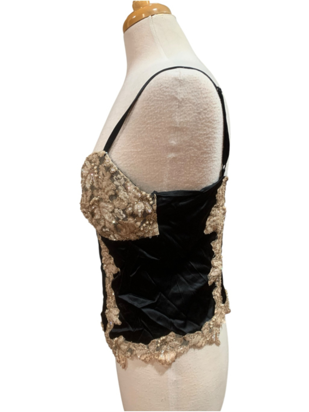 Vtg Y2K Women's Cache Black and Gold Beaded Lace Top, Size 12 - Picture 2 of 7